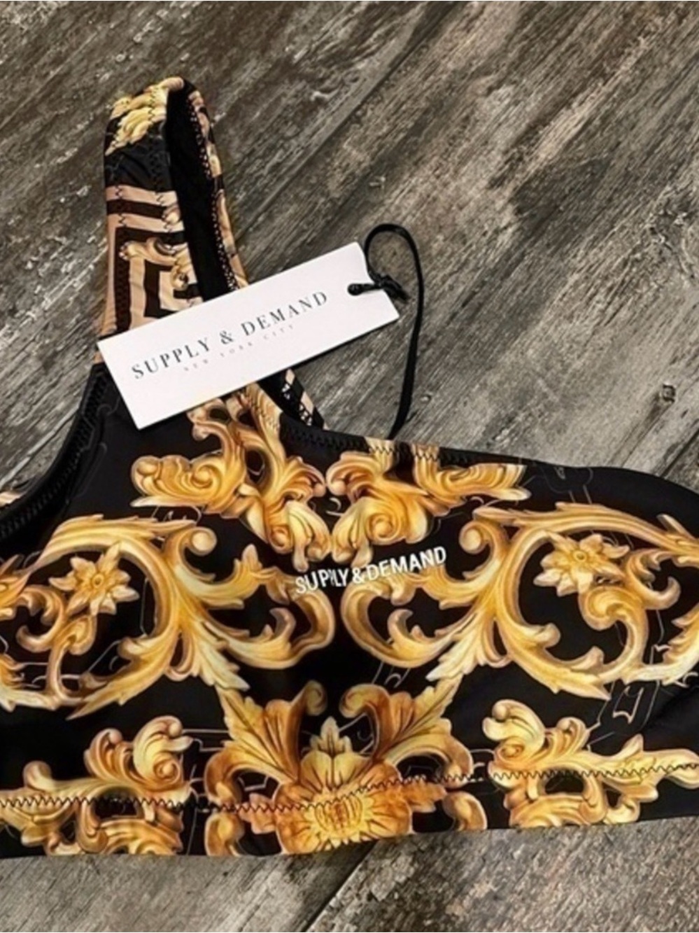 NWT Supply & Demand Regal Bikini Athletic‎ Top Black Gold Womens NEW